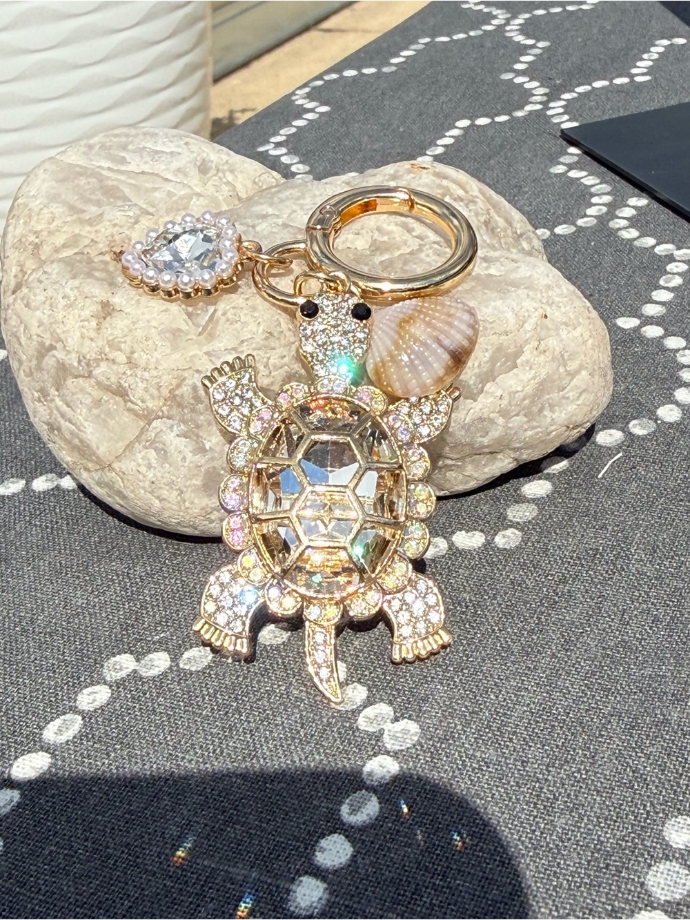 NWT Crystal Turtle Keychain Charm - Gold Tone with Shell Accent Pearl Heart
